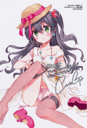 Rule 34 | 1girl, artist request, black hair, blush, brown thighhighs, feet, garter straps, green eyes, hat, jewelry, long hair, looking at viewer, necklace, panties, pantyshot, pink panties, pink ribbon, red footwear, ribbon, shoes, unworn shoes, simple background, sitting, solo, thighhighs, thighhighs pull, toes, underwear, white background