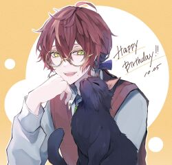 Rule 34 | 1boy, :d, ahoge, albert parker, black cat, blue ribbon, bolo tie, brown hair, brown sweater vest, cat, collared shirt, dated, double-parted bangs, glasses, green eyes, grey shirt, hair between eyes, hair ribbon, happy birthday, head rest, highres, indie virtual youtuber, long hair, looking at animal, low ponytail, male focus, mole, mole under mouth, open mouth, outline, ribbon, round eyewear, shirt, sideways glance, smile, solo, sweater vest, teeth, upper body, upper teeth only, virtual youtuber, white outline, yellow background, yuduki (u duki)