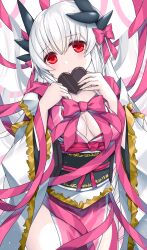 Rule 34 | 1girl, blush, bow, breasts, candy, chocolate, chocolate heart, cleavage, closed mouth, commentary request, dragon girl, dragon horns, fate/grand order, fate (series), food, hair bow, hair ornament, heart, highres, holding, holding chocolate, holding food, horns, japanese clothes, kiyohime (fate), large breasts, long hair, long sleeves, looking at viewer, morizono shiki, pink bow, pink ribbon, red eyes, ribbon, sash, smile, solo, white hair, wide sleeves