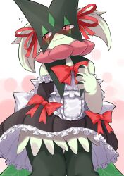 Rule 34 | 1girl, animal focus, black dress, blush, body fur, bow, closed mouth, clothed pokemon, creatures (company), dress, frills, furry, furry female, game freak, green fur, hair ribbon, highres, katsukare, looking at viewer, maid, meowscarada, nintendo, no humans, pokemon, pokemon (creature), red bow, red eyes, red ribbon, ribbon, skirt, solo, two-tone fur