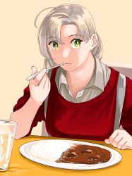 Rule 34 | 1girl, absurdres, alternate costume, antenna hair, casual, collared shirt, commentary request, cup, curry, curry rice, eating, food, green eyes, grey hair, highres, holding, holding spoon, kantai collection, kinugasa (kancolle), looking at viewer, ojipon, plate, rice, shirt, smile, solo, spoon, suspenders, sweater, table, upper body, utensil in mouth, water