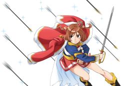 Rule 34 | 10s, 1girl, aijou karen, arrow (projectile), boots, brown eyes, brown hair, commentary, crown, dodging, epaulettes, fur trim, holding, holding sword, holding weapon, jacket, jacket on shoulders, long sleeves, mini crown, motion blur, pleated skirt, rain of arrows, rurie (lourie), shoujo kageki revue starlight, skirt, solo, sparkle, sword, two side up, waist cape, weapon