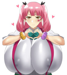 Rule 34 | 1girl, breasts, brown eyes, closed mouth, dxcxc, fujinoki nene, gigantic breasts, hair ribbon, hajimete no gal, heart, heart hands, huge breasts, long hair, looking at viewer, pink hair, ribbon, school uniform, shiny skin, shirt, simple background, smile, solo, star (symbol), suspenders, tight clothes, tight shirt, twintails, uniform, white background