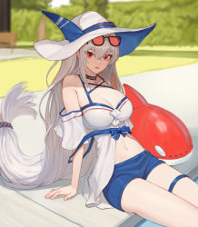 Rule 34 | 1girl, arknights, bare legs, blue shorts, blurry, blurry background, breasts, camisole, cleavage, closed mouth, commentary, day, english commentary, expressionless, eyewear on head, hair between eyes, hat, jason kim, large breasts, lips, lipstick, long hair, looking at viewer, low-tied long hair, makeup, midriff, navel, official alternate costume, outdoors, poolside, red eyes, short shorts, shorts, silver hair, sitting, skadi (arknights), skadi (waverider) (arknights), solo, stuffed orca, sunglasses, thigh strap, thighs, tinted eyewear, very long hair, white camisole, white hat