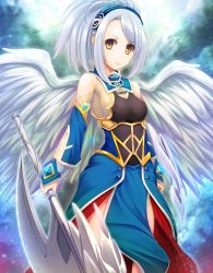 Rule 34 | 1girl, axe, bare shoulders, breasts, cleavage, detached sleeves, gauntlets, hairband, highres, holding, holding weapon, large wings, looking at viewer, looking to the side, medium breasts, original, parted bangs, pelvic curtain, see-through, silver hair, solo, sorano (12gou), weapon, white wings, wings, yellow eyes