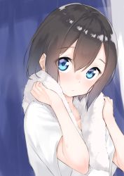 Rule 34 | 1girl, blue eyes, blush, brown hair, closed mouth, collarbone, commentary request, hair between eyes, hands up, head tilt, highres, looking at viewer, original, shirt, short sleeves, solo, suzunari shizuku, towel, towel around neck, upper body, white shirt, yuki arare