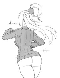 Rule 34 | 1girl, aqua (konosuba), ass, beads, bottomless, commentary, dancing, english commentary, facing away, from behind, greyscale, hair beads, hair ornament, hair rings, kono subarashii sekai ni shukufuku wo!, long hair, long sleeves, monochrome, monochrome, motion lines, musical note, ribbed sweater, simple background, solo, sweater, thigh gap, thighs, turtleneck, turtleneck sweater, twrlare