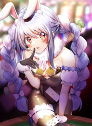 Rule 34 | 1girl, absurdres, animal ears, black gloves, black leotard, black pantyhose, blue hair, blurry, blurry background, blush, braid, breasts, card, carrot hair ornament, casino, casino card table, commentary request, don-chan (usada pekora), finger to mouth, food-themed hair ornament, fur-trimmed gloves, fur collar, fur trim, gloves, hair ornament, hair ribbon, head tilt, highres, hololive, indoors, knee up, leaning forward, leonis g, leotard, long hair, looking at viewer, multicolored hair, open mouth, pantyhose, partial commentary, playboy bunny, playing card, rabbit-shaped pupils, rabbit ears, rabbit girl, red eyes, ribbon, small breasts, solo, standing, symbol-shaped pupils, table, thick eyebrows, thigh strap, twin braids, twintails, usada pekora, usada pekora (1st costume), virtual youtuber, white hair, white ribbon
