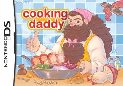 Rule 34 | 1boy, apron, artist name, beard, beard bow, blue background, bottle, bow, bread, brown eyes, brown hair, coin, commentary, cooking mama, cover, dungeon meshi, facial hair, fake cover, food, fork, frying pan, head scarf, highres, kitchen knife, long beard, long hair, long sleeves, looking at viewer, male focus, mushroom, parody, pearl centipede (dungeon meshi), pink bow, senshi (dungeon meshi), signature, solo, spanish commentary, steam, tentacles, thumbs up, tile wall, tiles, treasure bug (dungeon meshi), upper body, walking mushroom (dungeon meshi), wimu art, yellow apron