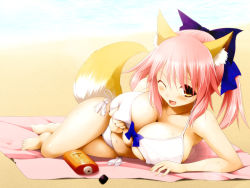 Rule 34 | 10s, 1girl, animal ears, beach, bikini, breast hold, breasts, cleavage, fang, fate/extra, fate (series), fox ears, fox tail, hair ribbon, huge breasts, kurikara, long hair, lying, official alternate costume, one eye closed, open mouth, pink hair, ribbon, smile, solo, swimsuit, tail, tamamo no mae (fate/extra), tamamo no mae (sexy bikini) (fate), wink, yellow eyes