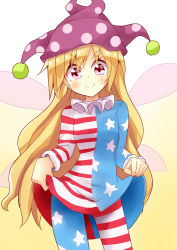 Rule 34 | &gt;:), 1girl, american flag dress, american flag legwear, american flag shirt, blonde hair, blush, clothes lift, clownpiece, collar, cowboy shot, dress, dress lift, fairy wings, fang, fang out, frilled collar, frilled shirt collar, frills, hat, jester cap, keyaki chimaki, long hair, looking at viewer, neck ruff, pantyhose, polka dot, purple eyes, shirt lift, simple background, smile, solo, standing, striped clothes, striped dress, striped pantyhose, touhou, v-shaped eyebrows, very long hair, wings
