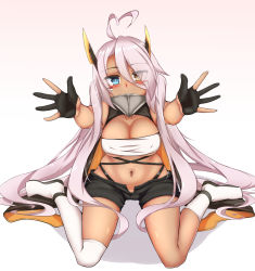 Rule 34 | 1girl, ahoge, asymmetrical legwear, azur lane, bandeau, black gloves, black shorts, blue eyes, blush, breasts, bright pupils, cleavage, commentary request, covered mouth, dark-skinned female, dark skin, eyes visible through hair, facepaint, full body, gloves, hair between eyes, heart, heart ahoge, heterochromia, highres, horns, indianapolis (azur lane), large breasts, long hair, looking at viewer, mechanical horns, navel, no shoes, otinyanko, partially fingerless gloves, pink hair, reaching, reaching towards viewer, shorts, socks, solo, thighhighs, turtleneck, twintails, underboob, uneven legwear, very long hair, white background, white bandeau, white pupils, white socks, white thighhighs, yellow eyes