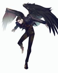 Rule 34 | 1boy, absurdres, arms at sides, black hair, black pants, black shirt, black wings, facial hair, feathered wings, flying, formal, full body, geulim (m0m030m), goatee, highres, large pectorals, male focus, mature male, muscular, muscular male, original, pants, pectorals, scar, scar on face, scar on nose, shirt, short hair, sideburns, solo, spread wings, standing, standing on one leg, suit, wings