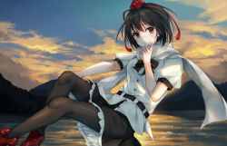 Rule 34 | 1girl, belt, black bow, black bowtie, black hair, black skirt, blue sky, bow, bowtie, brown eyes, buttons, cloud, cloudy sky, dress shirt, duplicate, evening, floating, frilled skirt, frills, hat, high heels, lake, looking at viewer, miniskirt, mountain, outdoors, pantyhose, petticoat, puffy short sleeves, puffy sleeves, red footwear, red hat, rinarisa, scarf, shameimaru aya, shirt, shoes, short hair, short sleeves, skirt, sky, smile, solo, tassel, tokin hat, touhou, white scarf, white shirt