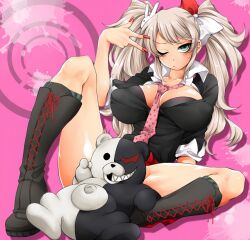 Rule 34 | 1girl, 1mascot, black footwear, black shirt, blonde hair, blue eyes, bow, bra, breasts, calf boots, cleavage, closed mouth, collared shirt, danganronpa: trigger happy havoc, danganronpa (series), enoshima junko, eyelashes, female focus, fingernails, green footwear, green socks, hair bow, highres, large breasts, long hair, looking at viewer, monokuma, multicolored bow, nail polish, necktie, covered erect nipples, no panties, one eye closed, pink background, pink necktie, pointing, pointing at viewer, polka dot, polka dot necktie, red bow, red nails, red shoelaces, shiny skin, shirt, simple background, sleeves rolled up, socks, spread legs, sweatdrop, twintails, underwear, white bow, wink