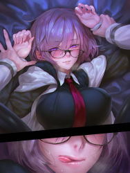 Rule 34 | 1boy, 1girl, blush, breasts, covered erect nipples, fate/grand order, fate (series), glasses, highres, large breasts, licking lips, looking at viewer, lying, mash kyrielight, meme, naughty face, necktie, nose, on back, pantyhose, parted lips, pov, purple eyes, purple hair, samerupa, short hair, smile, sweat, tongue, tongue out