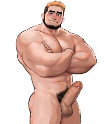 Rule 34 | 1boy, abs, bara, beard, blush, completely nude, crossed arms, dopey (dopq), erection, facial hair, highres, large pectorals, looking at viewer, male focus, male pubic hair, mature male, multicolored hair, muscular, muscular male, navel, navel hair, nipples, nude, original, pectorals, penis, pubic hair, raised eyebrow, short hair, solo, stomach, thighs, two-tone hair, uncensored