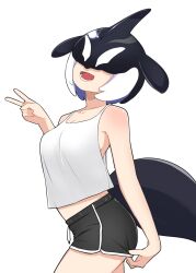 Rule 34 | 1girl, absurdres, alternate costume, bare arms, bare shoulders, black hair, black shorts, blowhole, cetacean tail, covered eyes, cowboy shot, dolphin girl, dolphin shorts, dorsal fin, fins, fish tail, hair over eyes, head fins, highres, illu (illu stratos), kemono friends, midriff peek, multicolored hair, open mouth, orca (kemono friends), orca girl, shirt, short hair, short shorts, shorts, sidelocks, smile, solo, tail, tank top, two-tone hair, v, white hair, white shirt