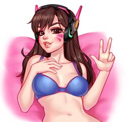 Rule 34 | 1girl, bare shoulders, bikini, blue bikini, blushyspicy, breasts, brown eyes, brown hair, collarbone, d.va (overwatch), hand on own chest, hands up, headphones, highres, large breasts, long hair, navel, overwatch, pink background, red lips, smile, solo, swimsuit, teeth, upper body, w, white background