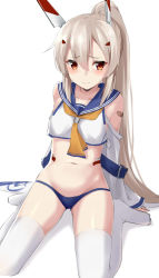 Rule 34 | 1girl, ayanami (azur lane), azur lane, bare shoulders, blue panties, blue sailor collar, blush, closed mouth, collarbone, commentary request, crop top, hair between eyes, headgear, high ponytail, highres, kohakope, light brown hair, long hair, long sleeves, looking at viewer, no shoes, panties, ponytail, red eyes, sailor collar, shirt, sidelocks, sitting, sleeves past wrists, solo, thighhighs, underwear, very long hair, wariza, white background, white shirt, white thighhighs
