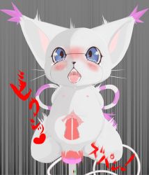 Rule 34 | 1girl, animal ears, aoimua, arms behind back, blue eyes, blush, cable, cat ears, clitoris, crying, digimon, digimon (creature), dildo, drooling, fangs, female focus, flat chest, full body, furry, furry female, grey background, heart, highres, motion lines, nipples, nude, object insertion, open mouth, pussy, saliva, sex machine, sex toy, simple background, solo, spoken heart, spread legs, tail, tailmon, tears, teeth, text focus, tongue, tongue out, translation request, uncensored, vaginal, vaginal object insertion, whiskers