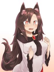 Rule 34 | animal ears, brooch, brown background, brown hair, commentary request, dress, grabbing own breast, gradient background, highres, imaizumi kagerou, jewelry, long hair, long sleeves, red eyes, solo, tail, touhou, tyouseki, upper body, white background, wide sleeves, wolf ears, wolf tail