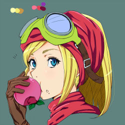 Rule 34 | 1girl, bad id, bad pixiv id, biting, blonde hair, blue eyes, brown gloves, dragon quest, dragon quest builders, eating, female builder (dqb), food, food on face, fruit, gloves, goggles, goggles on head, green background, heroine (dqb), higawari monsuta, highres, jpeg artifacts, long hair, looking at viewer, notice lines, portrait, scarf, simple background, solo