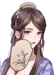 1girl braid braided_hair_rings brown_hair check_copyright chinese_clothes chinese_commentary collarbone commentary_request copyright_request earrings eyelashes eyeshadow floral_print flower hair_flower hair_ornament hair_rings hand_fan hanfu holding holding_fan jewelry lily_of_the_valley lipstick long_hair looking_at_viewer lower_teeth_only makeup open_mouth original purple_eyes purple_flower purple_hanfu red_eyeshadow red_lips sidelocks simple_background solo tassel tassel_hair_ornament teeth thick_eyebrows tiara tuanshan upper_body very_long_hair white_background yiguoxuange