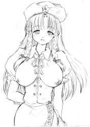 Rule 34 | 1girl, arm behind back, bow, braid, breastless clothes, breasts, china dress, chinese clothes, dress, female focus, fujiwara shun&#039;ichi, greyscale, hair bow, hat, hat ornament, hong meiling, large breasts, long hair, monochrome, nipples, sketch, solo, star (symbol), star hat ornament, embodiment of scarlet devil, touhou, twin braids