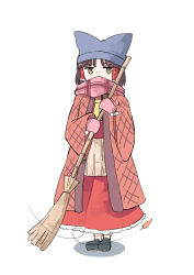Rule 34 | 1girl, ascot, black footwear, black hair, blue hat, broom, deetamu, full body, hakurei reimu, hat, highres, holding, holding broom, leaf, long sleeves, mittens, pink mittens, pink scarf, pom pom (clothes), red skirt, scarf, shoes, short hair, simple background, skirt, solo, standing, touhou, white background, wide sleeves, yellow ascot, yellow eyes