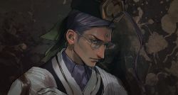 Rule 34 | 1boy, ahoge, brown background, chen gong (fate), chinese clothes, chinese hat, dark skin, dark-skinned male, facial mark, fate/grand order, fate (series), forehead mark, frown, glasses, grey-framed eyewear, hat, highres, long hair, looking down, male focus, noka (noka8103), purple eyes, purple hair, smile, solo, upper body