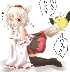 Rule 34 | 1girl, all fours, animal ears, biting, black thighhighs, blush, brown eyes, cosplay, detached sleeves, efe, face, female focus, hat, holding, holding another&#039;s tail, holding with tail, inubashiri momiji, ninin ga shinobuden, onsokumaru, prehensile tail, pun, shameimaru aya, shameimaru aya (cosplay), short hair, solo, tail, tail grab, tears, thighhighs, tokin hat, touhou, uncommon stimulation, white hair, wince, wings, wolf ears, wolf tail, zettai ryouiki