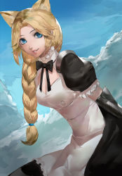 Rule 34 | 1girl, apron, black bow, black bowtie, black dress, blazpu, blonde hair, blue background, blue eyes, bow, bowtie, braid, breasts, cleavage, cleavage cutout, clothing cutout, commission, dress, hair over shoulder, head tilt, highres, leaning to the side, long hair, looking at viewer, maid apron, medium breasts, original, parted bangs, parted lips, puffy short sleeves, puffy sleeves, short sleeves, single braid, smile, solo, white apron