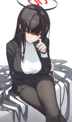 Rule 34 | 1girl, absurdres, arm under breasts, arm up, black hair, black halo, black jacket, black pantyhose, black skirt, blunt bangs, breasts, cowboy shot, crossed legs, dai nikucho, facing viewer, hair ornament, halo, highres, holding, jacket, large breasts, long hair, long sleeves, looking at viewer, pantyhose, parted lips, pleated skirt, red eyes, red halo, rio (blue archive), shirt, simple background, sitting, skirt, solo, straight hair, thighs, very long hair, watch, white background, white shirt, wristwatch