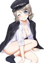 Rule 34 | 1girl, ankle socks, blue eyes, blush, bottomless, breasts, brown hair, cleavage, commentary request, hat, jacket, long sleeves, looking at viewer, love live!, love live! sunshine!!, medium breasts, no bra, one eye closed, sankuro (agoitei), school uniform, shirt, short hair, simple background, sitting, smile, socks, solo, watanabe you, white background, white shirt