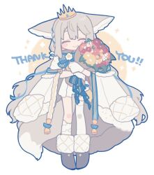Rule 34 | ^ ^, animal ear fluff, animal ears, ascot, asymmetrical legwear, blue bow, blue ribbon, blue sash, boots, bouquet, bow, bowtie, brown footwear, chibi, closed eyes, coat, coat on shoulders, commission, crown, flower, fox ears, fox girl, fox tail, frilled vest, frills, full body, fur-trimmed boots, fur-trimmed coat, fur trim, gloves, grey hair, hair between eyes, hair bow, hair ornament, hair ribbon, hair scrunchie, hands up, high collar, highres, holding, holding bouquet, large ears, large tail, long hair, looking at viewer, low twintails, nonaprev, original, red eyes, ribbon, rose, sakurada shiro (hy plus), sakurada shiro (royal) (hy plus), sash, scrunchie, shoulder sash, simple background, single bare leg, single sock, skeb commission, smile, socks, standing, straight-on, tail, thank you, thighhighs, twintails, uneven legwear, very long hair, vest, white background, white coat, white flower, white gloves, white hair, white rose, white socks, white thighhighs, white unitard, zettai ryouiki