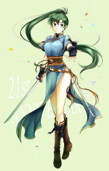 Rule 34 | 1girl, absurdres, anniversary, black gloves, blue dress, boots, breasts, brown footwear, dress, fingerless gloves, fire emblem, fire emblem: the blazing blade, full body, gloves, green background, green eyes, green hair, high ponytail, highres, holding, holding sword, holding weapon, katana, large breasts, long hair, looking at viewer, lyn (fire emblem), medium breasts, nintendo, pelvic curtain, reaching, reaching towards viewer, rope belt, shirokuroma 29, smile, solo, sword, very long hair, weapon