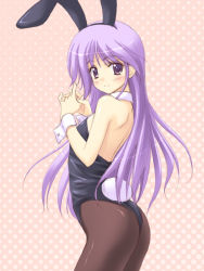 Rule 34 | 00s, 1boy, animal ears, ass, backless outfit, bow, bowtie, crossdressing, detached collar, fake animal ears, happiness!, leotard, long hair, looking at viewer, male focus, male playboy bunny, masakichi (crossroad), pantyhose, playboy bunny, purple eyes, purple hair, rabbit ears, rabbit tail, solo, tail, trap, watarase jun, wrist cuffs