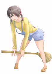 Rule 34 | 1girl, absurdres, blush, broom, brown hair, flying witch, full body, grey eyes, hair bobbles, hair ornament, highres, holding, holding broom, kuramoto chinatsu, looking at viewer, migimaki (migi mawashi), no socks, open mouth, overalls, short hair, short twintails, simple background, smile, solo, standing, twintails, white background