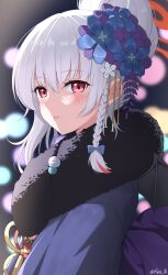 Rule 34 | 1girl, absurdres, blue archive, blue bow, blush, bow, braid, flower, from side, fur collar, grey hair, hair bow, hair bun, hair flower, hair ornament, halo, haruna (blue archive), haruna (new year) (blue archive), highres, japanese clothes, kimono, looking at viewer, looking to the side, multicolored hair, official alternate costume, parted lips, purple kimono, red eyes, red hair, reia 76, single hair bun, solo, streaked hair, upper body