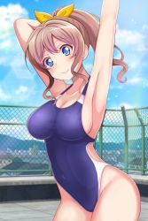 Rule 34 | 1girl, arm up, armpits, bang dream!, blue eyes, blue one-piece swimsuit, blue sky, brown hair, chain-link fence, cloud, commentary request, competition swimsuit, cowboy shot, day, fence, hair ribbon, highres, landscape, looking at viewer, one-piece swimsuit, outdoors, ponytail, poposukii, presenting armpit, ribbon, sky, smile, solo, standing, swimsuit, yamabuki saya