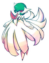 Rule 34 | 1other, colored skin, creatures (company), dress, game freak, gardevoir, gen 3 pokemon, green hair, highres, iikoao, looking at viewer, medium hair, mega gardevoir, mega pokemon, multicolored skin, nintendo, pokemon, red skin, simple background, solo, white background, white dress, white skin