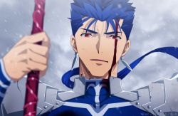 Rule 34 | 1boy, akujiki59, armor, artist name, blood, blood on face, blue hair, bodysuit, close-up, cloud, cloudy sky, cu chulainn (fate), cu chulainn (fate/stay night), dust, ear piercing, earrings, fate/stay night, fate (series), frown, injury, jewelry, lance, long hair, looking at viewer, male focus, open mouth, piercing, polearm, red eyes, shoulder armor, shoulder pads, sky, slit pupils, snow, solo, spiked hair, stud earrings, tongue, twitter username, weapon, winter