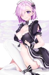 Rule 34 | 1girl, alternate costume, artist name, black dress, breasts, commentary request, dress, enmaided, fate/grand order, fate (series), hair over eyes, hair over one eye, highres, hu kotora, large breasts, light purple hair, looking at viewer, maid, maid headdress, mash kyrielight, purple eyes, short hair, short sleeves, smile, solo, thighhighs, thighs, white thighhighs, wrist cuffs