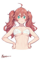 Rule 34 | 10s, 1girl, absurdres, ahoge, bare shoulders, bikini, blush, breasts, brown hair, commentary, cropped torso, darling in the franxx, dated, gorgeous mushroom, green eyes, hair between eyes, hands on own hips, highres, long hair, looking at viewer, medium breasts, miku (darling in the franxx), revision, signature, simple background, solo, stomach, swimsuit, twintails, upper body, v-shaped eyebrows, white background, white bikini