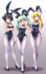 Rule 34 | 3girls, absurdres, anchovy (girls und panzer), animal ears, bare shoulders, black bow, black footwear, black hair, black leotard, blonde hair, bow, braid, breasts, brown eyes, carpaccio (girls und panzer), cleavage, collar, crossed arms, curvy, detached collar, drill hair, fake animal ears, full body, girls und panzer, gradient background, green eyes, green hair, grin, hand on own hip, high heels, highleg, highleg leotard, highres, holding riding crop, kamogawa tanuki, large breasts, legs, leotard, long hair, looking at viewer, medium breasts, multiple girls, narrow waist, open mouth, pantyhose, pepperoni (girls und panzer), playboy bunny, rabbit ears, riding crop, shiny clothes, shiny skin, short hair, simple background, smile, source request, strapless, strapless leotard, teeth, twin drills, twintails, white background, white pantyhose, wide hips, wrist cuffs