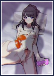 Rule 34 | 1girl, artificial vagina, bar censor, black hair, blue eyes, breasts, censored, efwc, female pubic hair, futanari, idolmaster, idolmaster shiny colors, kazano hiori, lotion, lotion bottle, lying, nude, on back, penis, ponytail, pubic hair, sex toy, small breasts, solo focus, testicles