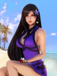 Rule 34 | 1girl, 3d, artist request, bare arms, bare legs, bare shoulders, beach, black hair, blue sky, breasts, cleavage, costa del sol, crescent, crescent earrings, crescent moon, dress, earrings, final fantasy, final fantasy vii, final fantasy vii remake, flower, hair flower, hair ornament, highres, jewelry, large breasts, long hair, moon, ocean, official alternate costume, palm tree, purple dress, raidenwgt, red eyes, red lips, sand, sitting, sky, sleeveless, sleeveless dress, solo, square enix, tifa lockhart, tifa lockhart (refined dress), tree, wall market