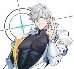Rule 34 | 1boy, armor, blue eyes, eyebrows hidden by hair, fate/grand order, fate (series), finger gun, lalatia-meai, large pectorals, looking at viewer, male focus, muscular, muscular male, pectorals, percival (fate), short hair, shoulder armor, simple background, smile, solo, upper body, weapon, white background, white hair