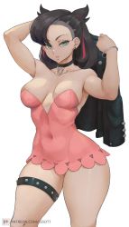 Rule 34 | 1girl, absurdres, alterlesott, alternate breast size, aqua eyes, bare shoulders, black choker, black hair, black jacket, breasts, choker, cleavage, covered navel, creatures (company), dress, game freak, hair ribbon, highres, holding, holding clothes, holding jacket, jacket, looking at viewer, marnie (pokemon), medium breasts, nintendo, pink dress, pokemon, pokemon swsh, red ribbon, ribbon, short hair, simple background, solo, standing, thick thighs, thigh strap, thighs, white background